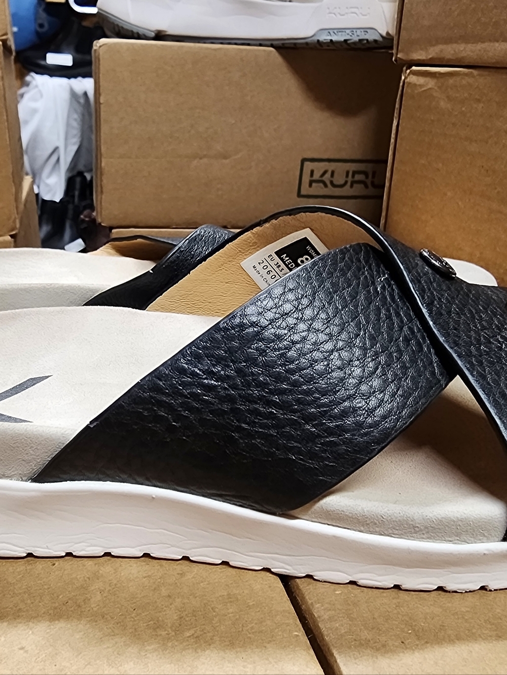 Kuru Breeze Black Leather Crossover Slide Sandals Plantar Fasciitis Support